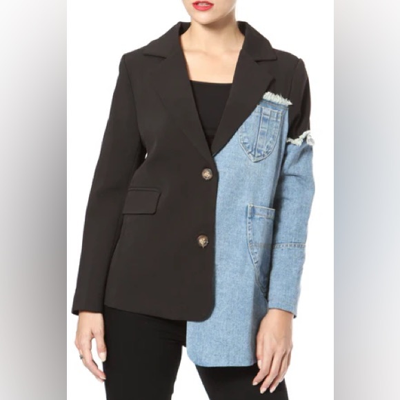 Dressed in LALA Jackets & Blazers - Women’s Jacket - Dressed in LALA Black and Denim Patchwork Blazer Size Medium